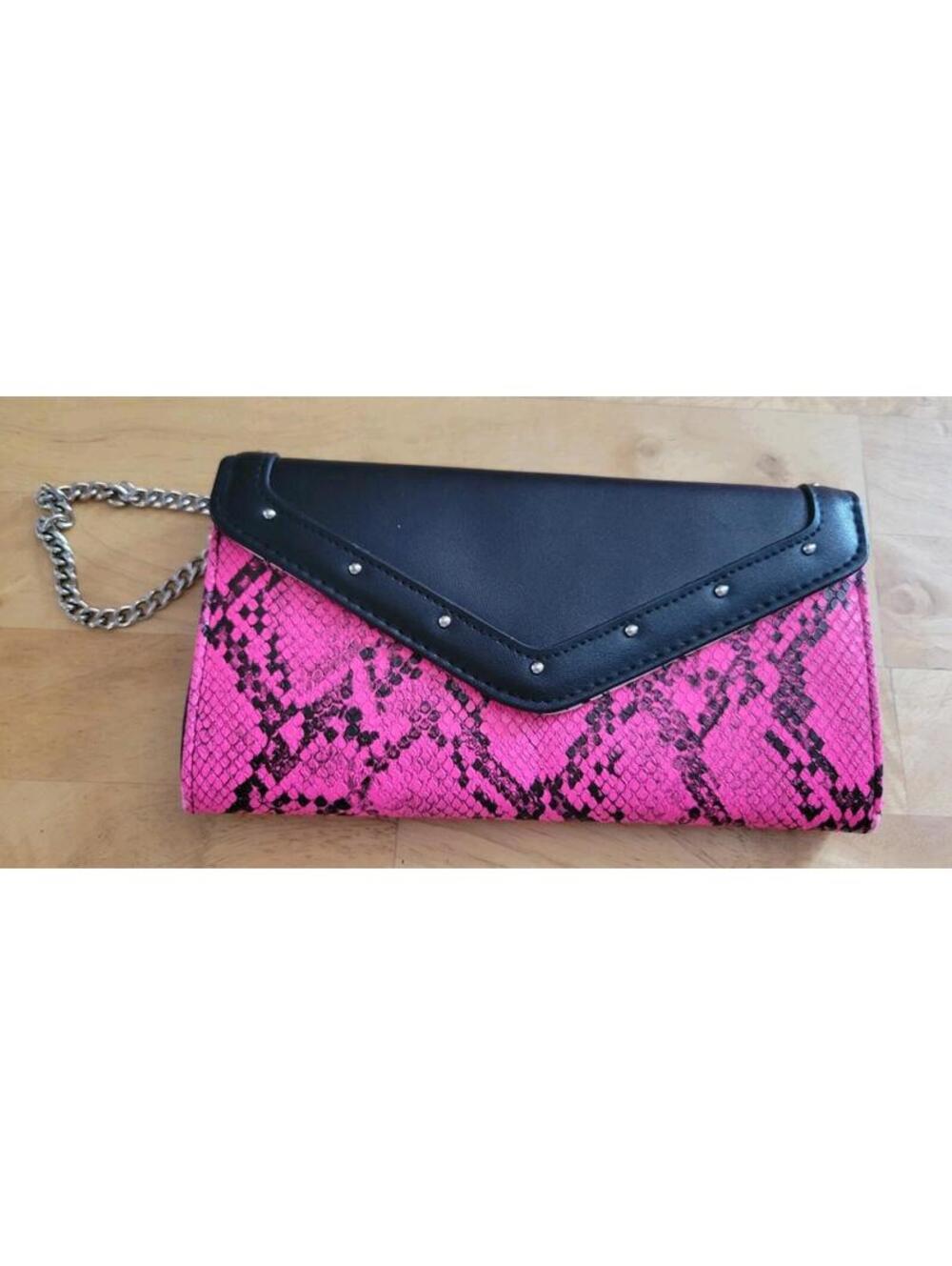 Pink & Black Snake Print Clutch Faux Leather Evening Purse Wallet Zip Wristlet